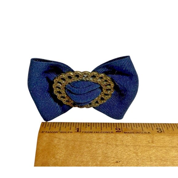 Vintage Shoe Clips Bows 2.25” Navy Blue Ribbon Brass Tone Metal Ring Set Of 2 - Picture 13 of 14